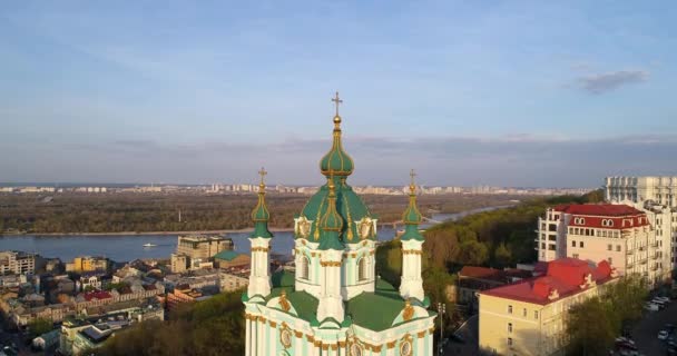 Aerial View Kyiv Andrews Church Beautiful Sunset Drone Flies Old — Stock videók