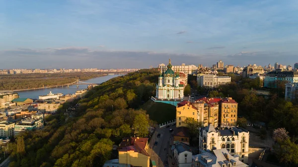 Aerial View Kyiv Andrews Church Beautiful Sunset Drone Flies Old — 스톡 사진