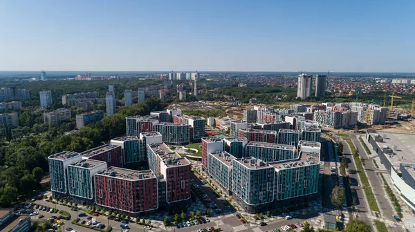 Drone aerial view modern building Residential complex Respublika. Construction of residential premises. Kyiv capital of Ukraine