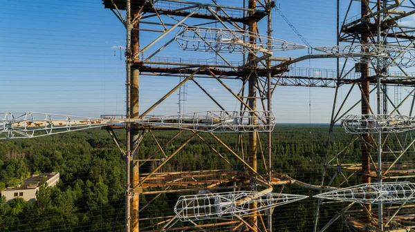 Close Aerial View Duga Radar Station City Chernobyl Forest Sunny — Fotografia de Stock