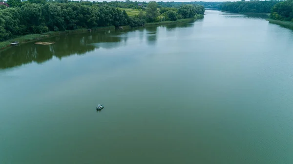 Aerial View Fisherman Fishing Sitting Inflatable Boat Lake Drone Wide — Stock Photo, Image