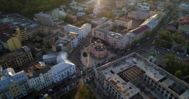 Aerial view Kyiv historical building at beautiful sunset or sunrise. Drone flies over old Kiev - podil
