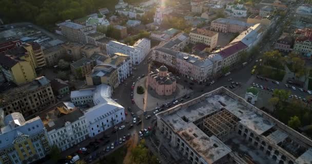 Aerial View Kyiv Historical Building Beautiful Sunset Sunrise Drone Flies — Video