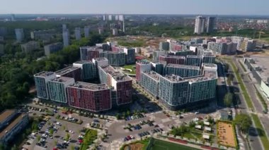 Drone aerial view modern building Residential complex Respublika. Construction of residential premises. Kyiv capital of Ukraine