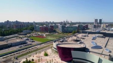 Drone aerial view modern building Residential complex Respublika. Construction of residential premises. Kyiv capital of Ukraine