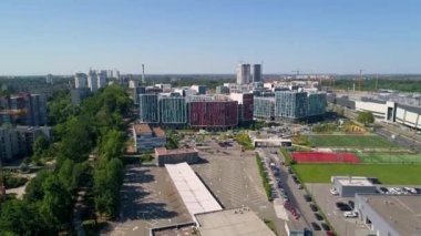 Drone aerial view modern building Residential complex Respublika. Construction of residential premises. Kyiv capital of Ukraine