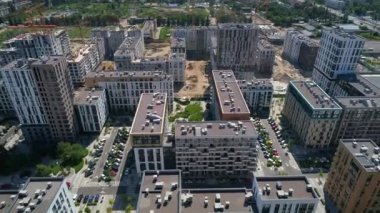 Drone aerial view modern building Residential complex Faina Town. Construction of residential premises. Kyiv capital of Ukraine