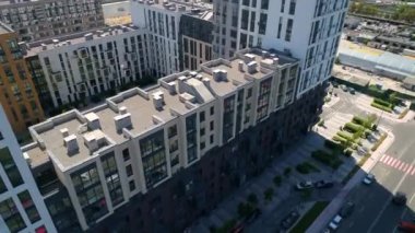 Drone aerial view modern building Residential complex Faina Town. Construction of residential premises. Kyiv capital of Ukraine