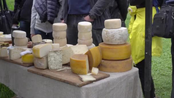 Cheese Farm e Street Farmers Marke. Un contadino vende formaggio di capra e di mucca. Azienda agricola familiare privata e latteria ovina, agricoltura — Video Stock