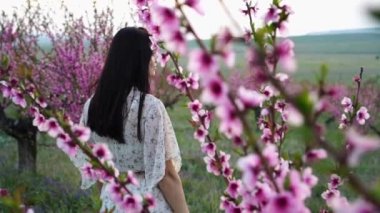 Güzel esmer, genç bir dişi çiçek açan bir meyve bahçesinde. Şeftali ağaçları pembe ve mor çiçeklerle açar.