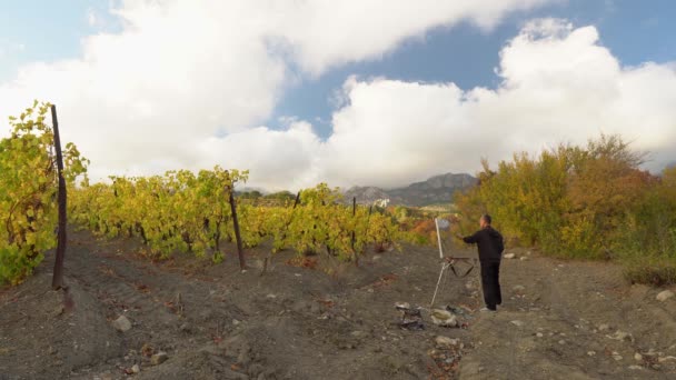 Un artiste crée une image dans la nature. Impressionnisme, Huile sur toile. Paysage d'automne. Mode de vie créatif. Peinture Plein air — Video