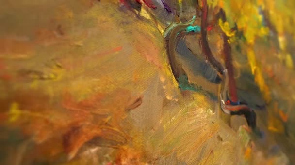 As pinceladas, pintura abstrata. Textura de pinceladas de pintura a óleo multicoloridas em tela close-up — Vídeo de Stock