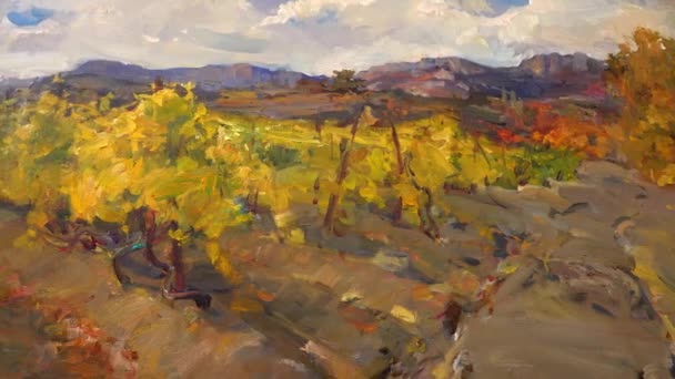 A painting by a professional impressionist artist, artwork. Oil on canvas. Painting, impressionism. Autumn landscape, yellow vineyards — Stock Video