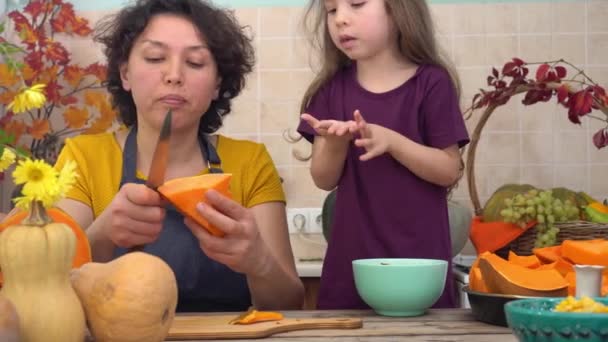 Cooking together for a festive Thanksgiving dinner. Female farmer mother and children cooks pumpkin pie for harvest festival — Stock Video