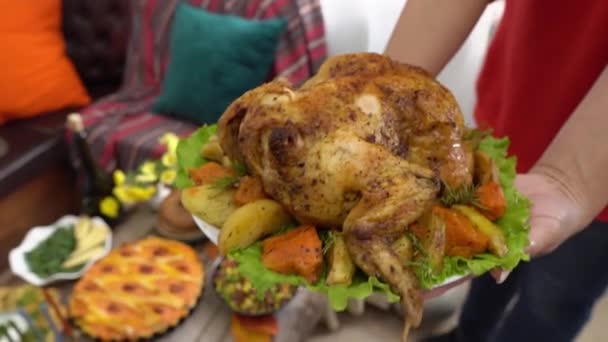 Family holiday dinner table set with healthy organic nutritious meals. Party table set for celebration together - close up shot holidays, food and drink — Stock Video