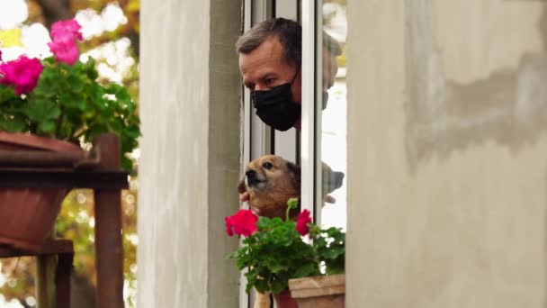 Covid-19 lockdown. Trauriger Mann mit Hund auf dem heimischen Balkon. Selbstisolierung in Quarantäne, Aussperrung, zu Hause bleiben, soziale Distanzierung — Stockvideo