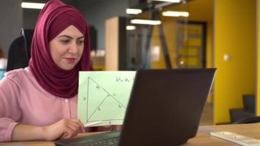 Uzaktan çalışan Müslüman kadın öğretmen. Bilgisayarı, webcam 'i ve matematik dersini kullanan öğrencilerle çevrimiçi sohbet. Uzaktan eğitim, öğrenme, uzaktan çalışma, serbest çalışma. Covid-19 tecrit