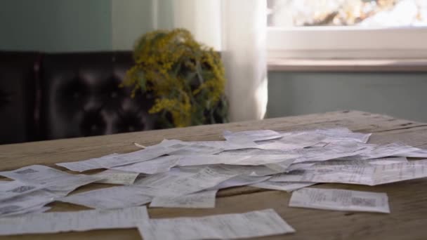 Christmas Spending, Holiday Shopping. A heap of supermarket paper receipts. Cash register, expenses, home finance, personal finance, money spending, family budget — Stock Video