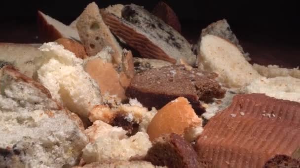 질척하는 빵, 식량 낭비, 식량 손실. 못 쓰게 된 곰팡이 나는 빵 이 가까이 있다. 독성 이 있는 검은 곰팡이 의성 장 — 비디오