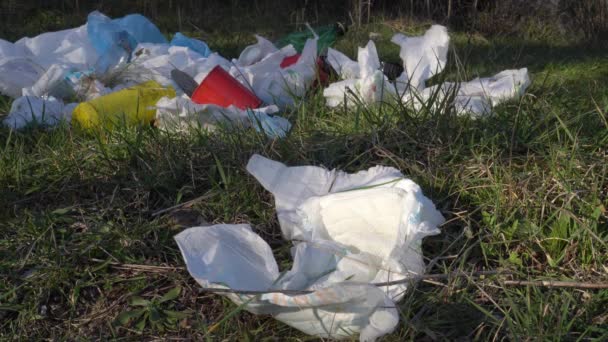 A pile of discarded used baby diapers in nature. Personal hygiene, bathroom waste. Environmental Impact of Disposable Nappies. Plastic pollution of nature. Soil, water and air pollution — Stockvideo
