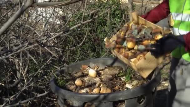 Supermarket worker throws away unsold spoiled food. Food waste In retail — Wideo stockowe
