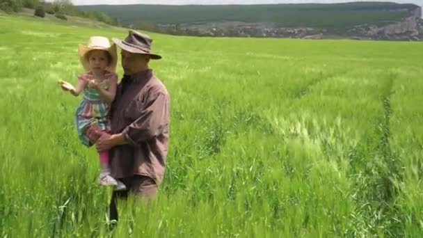 Family Organic Wheat Farming Business. Adult farmer father with happy daughter in his arms inspects a wheat field. Growing with the Grain. — Vídeos de Stock