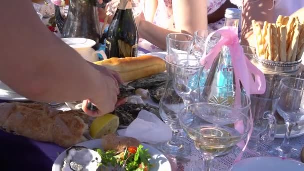 Womens Party. Gourmet picnic lunch. A group of women in beautiful dresses have lunch together outdoors. Oysters, wine and delicious desserts are on the table — Stock Video