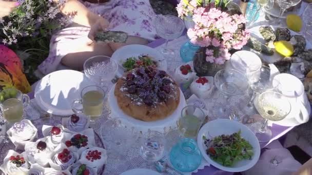 Damernas dag ute. Vänner och familj vid ett festligt bord ute i det fria. Desserter, frukter, ostron och vin — Stockvideo