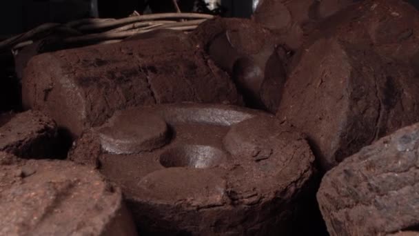 Briquetas de turba utilizadas como combustible para estaciones de calefacción, salas de calderas y plantas termoeléctricas. — Vídeo de stock