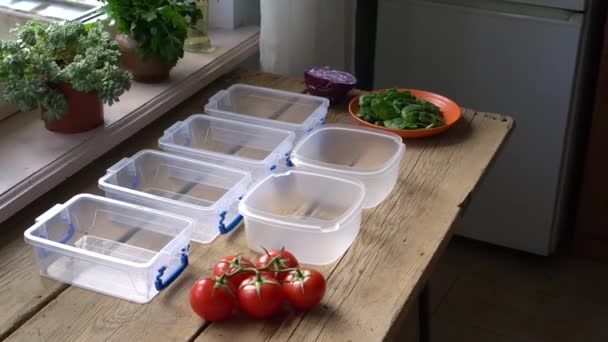 Verpackung eines Zero Waste Lunchs. Mehrweg-Lebensmittelbehälter aus Plastik zum Mitnehmen. Hausgemachtes Essen, Mahlzeitplanung, Ernährung — Stockvideo