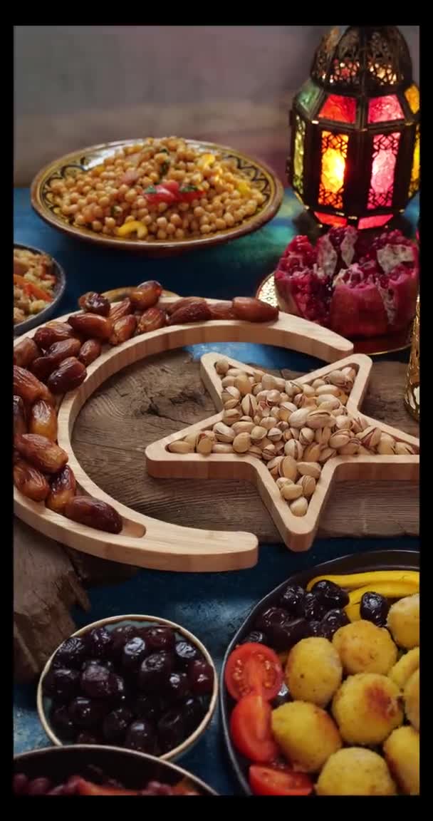 Ramadan Kareem dátumokkal, diókkal és édességekkel elrendezve iszlám félhold és csillag formájában. Iftar élelmiszer-koncepció, ünnepi asztal — Stock videók