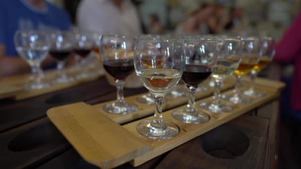 Degustación de vinos. Muestras de vino blanco, rosa y tinto en copas sobre una bandeja de madera. Un montón de copas de diferentes vinos — Vídeo de stock