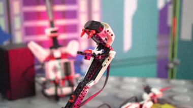 Akıllı öğrenci robot mühendisliği sınıfı için inşaat bloklarından bir yılan yapıyor. Teknolojili Yetenekli Çocuklar İlköğretim Okulu Bilim Sınıfı