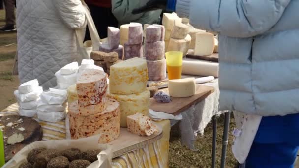 農家の手で自分の牛からスイスチーズを作る。ヨーロッパの食品市場。屋外空間での地場産品市場 — ストック動画