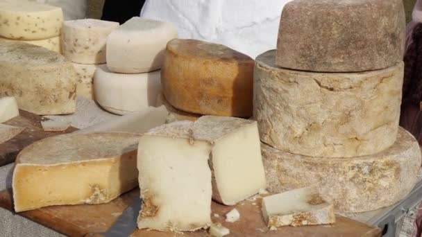 Καλλιτεχνικό τυρί, φτιαγμένο παραδοσιακά με γάλα από τους παραγωγούς, έχει κοπάδια αγελάδων, προβάτων και αιγών. Τοπική αγορά προϊόντων σε εξωτερικό χώρο — Αρχείο Βίντεο