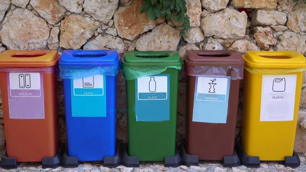 Papeleras de reciclaje de diferentes colores para plástico, metal, papel, vidrio, orgánico — Foto de Stock