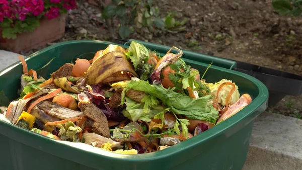 Un cubo lleno de materiales que comprenden desechos verdes, como desechos de alimentos de cocina y adornos de plantas. Contenedor de residuos biodegradables orgánicos, compostaje — Foto de Stock