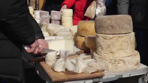 Cheese on sale at a local farmers market. Farmers sell artisan cheese. Cheese is handcrafted using milk that comes directly from the farms cows — Vídeo de stock