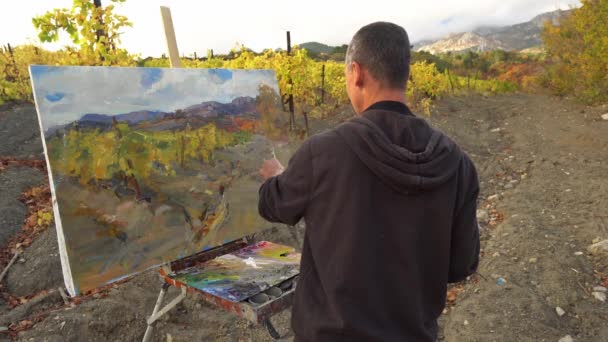 Artista Impressionista Pittura Paesaggio Con Pitture Olio Arte Creatività Hobby — Video Stock