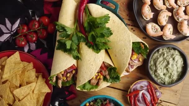 Mexican Burritos Small Simple Often Meat Refried Beans Sprinkling Cheese — Vídeos de Stock