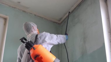 Black mold and mildew remediation at House. A Expert Man Cleaning and Removing Mold From Wall Using Chemical Pesticides Spray. High quality 4k footage