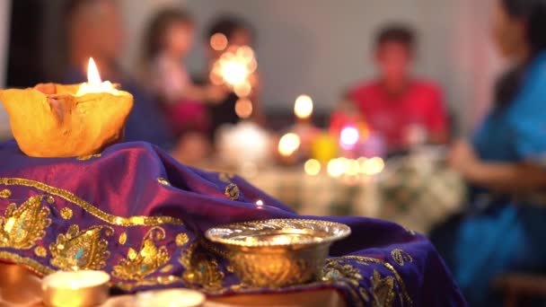 Happy Hindu Family Celebrate Diwali Festival Lights Diwali Dipawali Indias — Video Stock