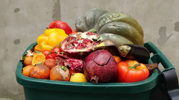 Food loss at the farm or market. Spoiled unsold rotten fruits in the trash. Discarded rotten fruits and vegetables. Reducing food waste concept. High quality photo