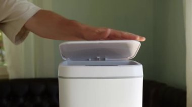 Plastic toothbrushes thrown away. Contactless Smart Touch Trash Can. High quality 4k footage