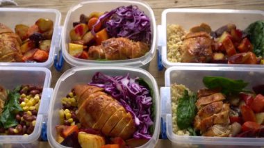 Online food delivery. Home or Workplace Meal Delivery Company. Meal delivery and takeaway services. Individual ingredients or pre-prepared dishes. Plastic packaging. High quality 4k footage