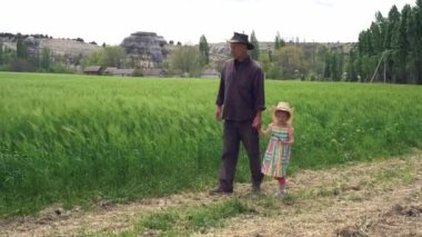 A farmer father with happy small daughter inspects a green wheat field in spring. Family organic farming business. Agriculture industry harvesting concept. High quality 4k footage