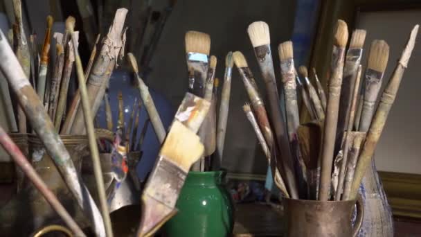 Artists Art Tools Art Studio Oil Painting Creative Workroom Brushes — ストック動画