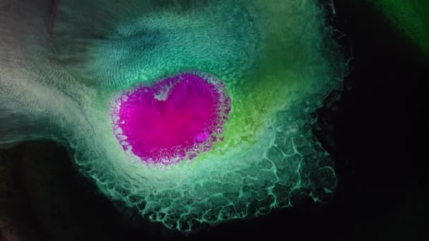 流体芸術 魔法の化学反応混合明るい緑の黄色のピンクの赤い液体アルコールインクマクロ 爆発渦が宇宙空間に飛び散る コスモス 高品質4K映像 — ストック動画