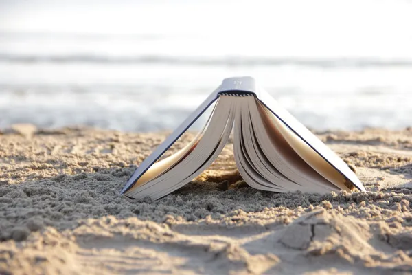 Buch am Strand Stockfoto