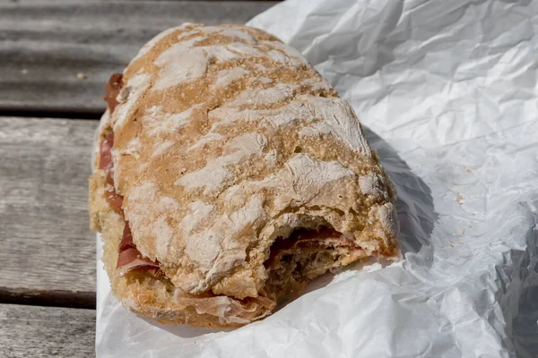 Bitten Ham Sandwich Rustic Bread — Stock Photo, Image